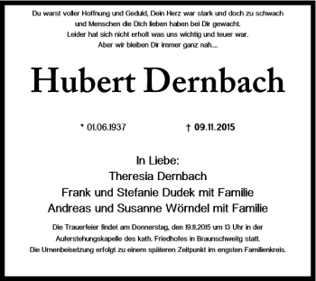 Traueranzeige von Hubert Dernbach von Braunschweiger Zeitung