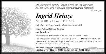 Traueranzeige von Ingrid Heinze von Salzgitter Zeitung