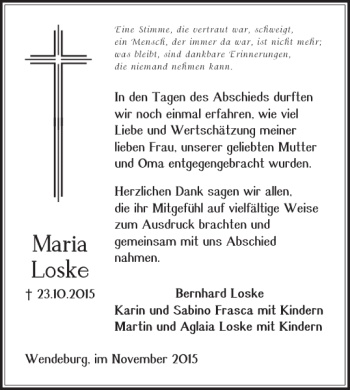 Traueranzeige von Maria Loske von Peiner Nachrichten