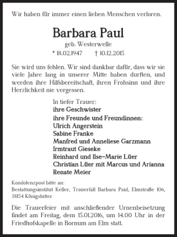 Traueranzeige von Barbara Paul von Helmstedter Nachrichten