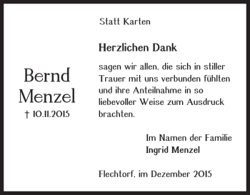 Traueranzeige von Bernd Menzel von Helmstedter Nachrichten