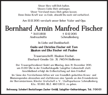 Traueranzeige von Bernhard Armin Manfred Fischer von Salzgitter Zeitung