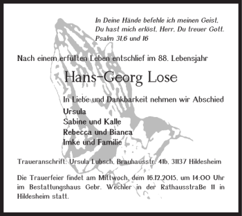 Traueranzeige von Hans-Georg Lose von Wolfenbütteler Zeitung