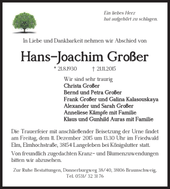 Traueranzeige von Hans-Joachim Großer von Braunschweiger Zeitung