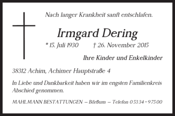 Traueranzeige von Irmgard Dering von Wolfenbütteler Zeitung