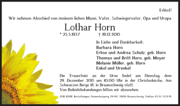 Traueranzeige von Lothar Horn von Braunschweiger Zeitung