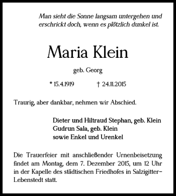 Traueranzeige von Maria Klein von Salzgitter Zeitung