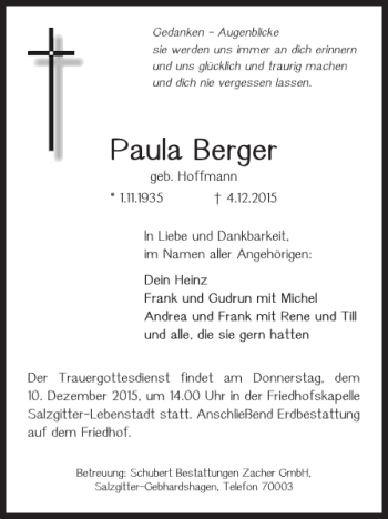 Traueranzeige von Paula Berger von Salzgitter Zeitung