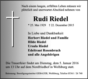 Traueranzeige von Rudi Riedel von Wolfsburger Nachrichten