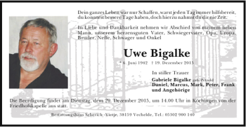 Traueranzeige von Uwe Bigalke von Braunschweiger Zeitung