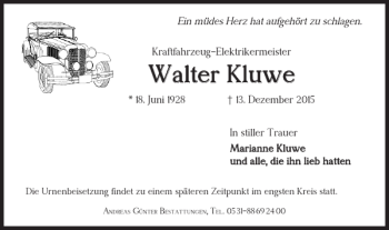 Traueranzeige von Walter Kluwe von Braunschweiger Zeitung