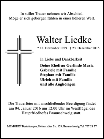 Traueranzeige von Walter Liedke von Braunschweiger Zeitung