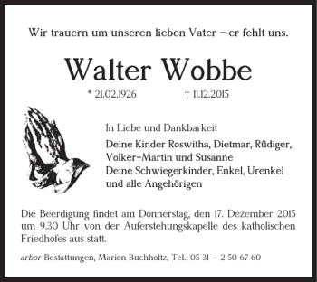 Traueranzeige von Walter Wobbe von Braunschweiger Zeitung