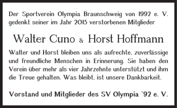 Traueranzeige von Walter Cuno Horst Hoffmann von Braunschweiger Zeitung