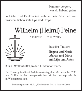 Traueranzeige von Wilhelm Helmi Peine von Wolfenbütteler Zeitung