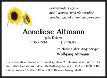 Traueranzeige von Anneliese Altmann von Braunschweiger Zeitung