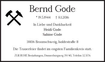 Traueranzeige von Bernd Gode von Braunschweiger Zeitung