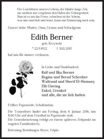 Traueranzeige von Edith Berner von Helmstedter Nachrichten