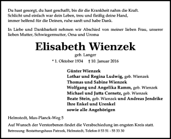 Traueranzeige von Elisabeth Wienzek von Helmstedter Nachrichten