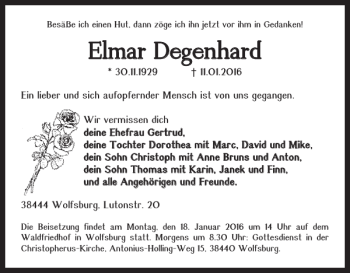 Traueranzeige von Elmar Degenhard von Wolfsburger Nachrichten