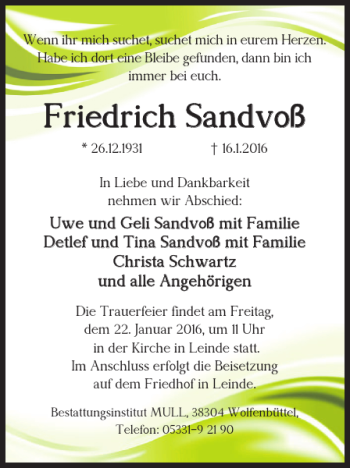 Traueranzeige von Friedrich Sandvoß von Salzgitter Zeitung