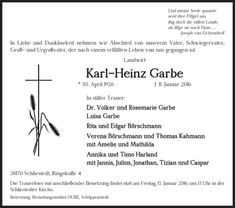 Traueranzeigen von Karl-Heinz Garbe | trauer38.de