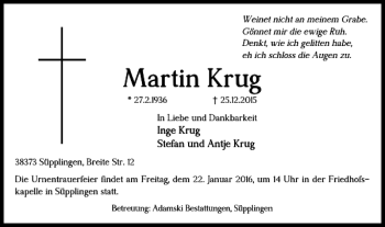 Traueranzeige von Martin Krug von Helmstedter Nachrichten