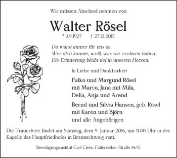 Traueranzeige von Walter Rösel von Braunschweiger Zeitung