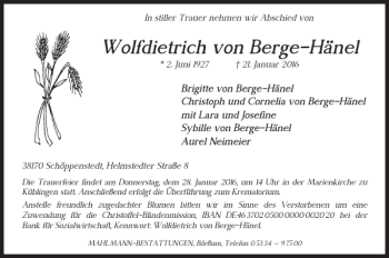 Traueranzeige von Wolfdietrich von Berge-Hänel von Wolfenbütteler Zeitung