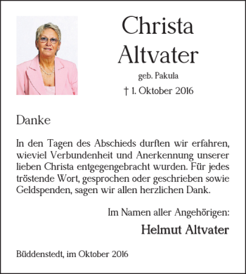 Traueranzeige von Christa Altvater von Helmstedter Nachrichten