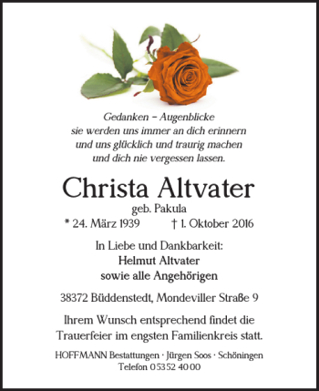 Traueranzeige von Christa Altvater von Helmstedter Nachrichten