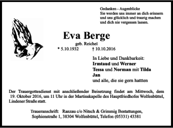 Traueranzeige von Eva Berge von Wolfenbütteler Zeitung