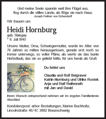 Traueranzeige von Heidi Hornburg von Braunschweiger Zeitung