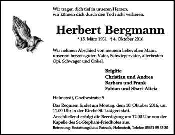 Traueranzeige von Herbert Bergmann von Helmstedter Nachrichten