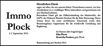 Traueranzeige von Immo Plock von Braunschweiger Zeitung