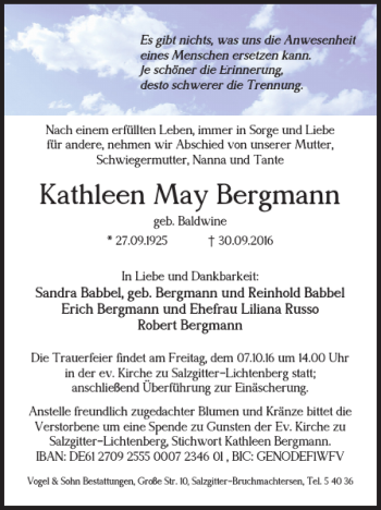 Traueranzeige von Kathleen May Bergmann von Salzgitter Zeitung