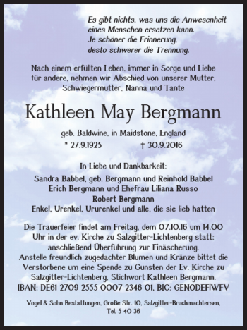 Traueranzeige von Kathleen May Bergmann von Salzgitter Zeitung