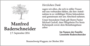 Traueranzeige von Manfred Baderschneider von Braunschweiger Zeitung