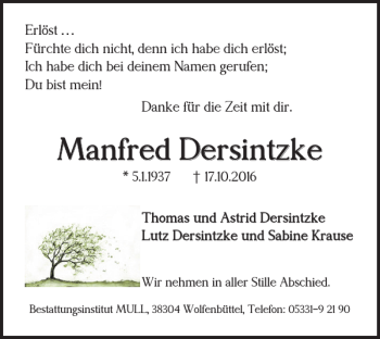 Traueranzeige von Manfred Dersintzke von Braunschweiger Zeitung