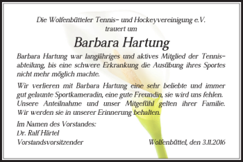 Traueranzeige von Barbara Hartung von Wolfenbütteler Zeitung