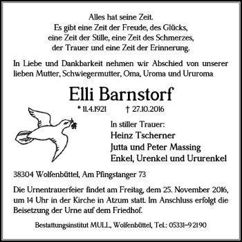 Traueranzeige von Elli Barnstorf von Wolfenbütteler Zeitung