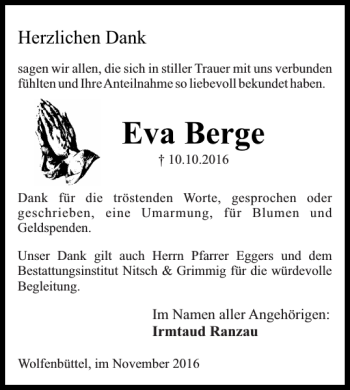 Traueranzeige von Eva Berge von Wolfenbütteler Zeitung