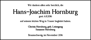 Traueranzeige von Hans-joachim Hornburg von Braunschweiger Zeitung