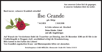 Traueranzeige von Ilse Grande von Braunschweiger Zeitung