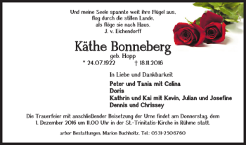 Traueranzeige von Kãthe Bonneberg von Braunschweiger Zeitung