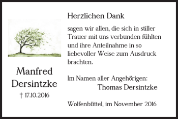 Traueranzeige von Manfred Dersintzke von Wolfenbütteler Zeitung