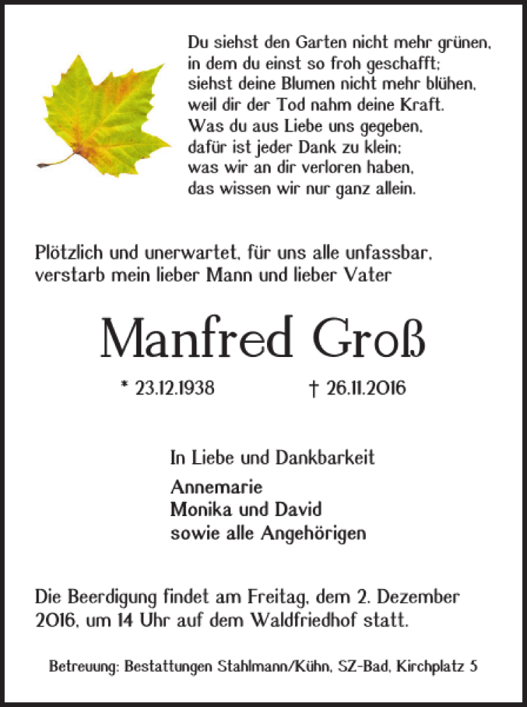  Traueranzeige für Manfred Groß vom 30.11.2016 aus Salzgitter Zeitung