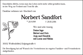 Traueranzeige von Norbert Sandfort von Wolfenbütteler Zeitung