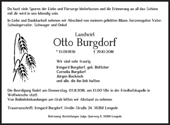 Traueranzeige von Otto Burgdorf von Peiner Nachrichten