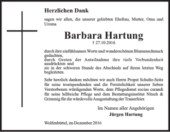 Traueranzeige von Barbara Hartung von Wolfenbütteler Zeitung